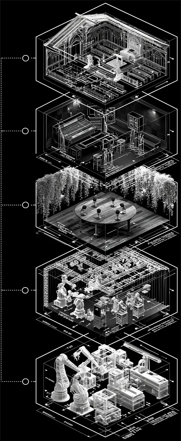 Five-section compound rendering: worship, music studio, podcast, film studio, technology