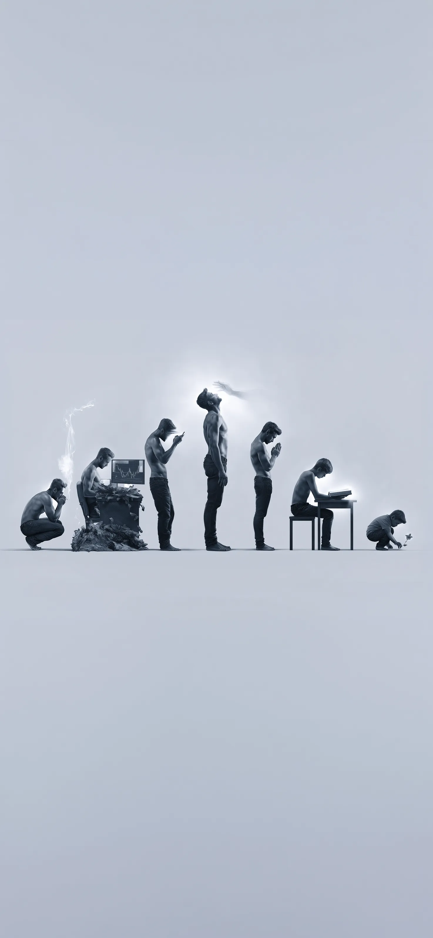 A progression of human figures depicting man's journey from despair back to innocence